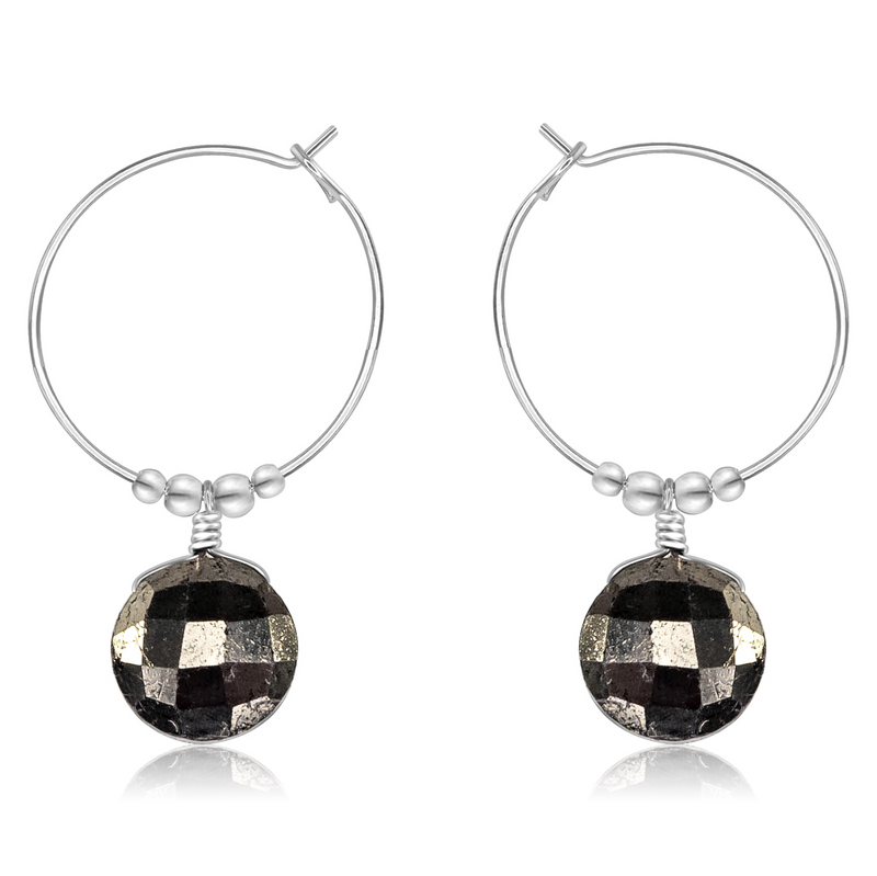 Faceted Pyrite Crystal Circle Dangle Hoop Earrings