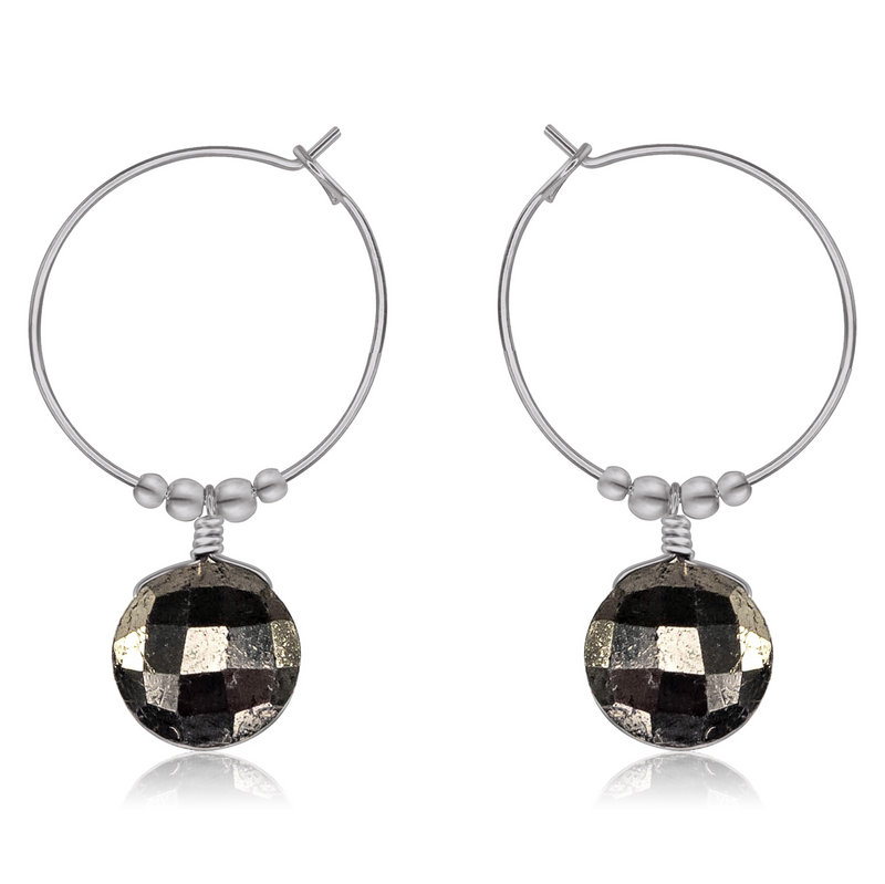 Faceted Pyrite Crystal Circle Dangle Hoop Earrings