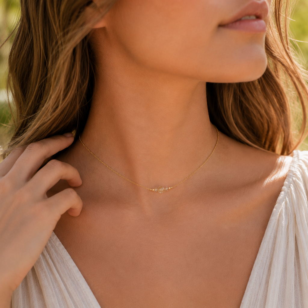 Dainty Golden Rutilated Quartz Gemstone Choker Necklace