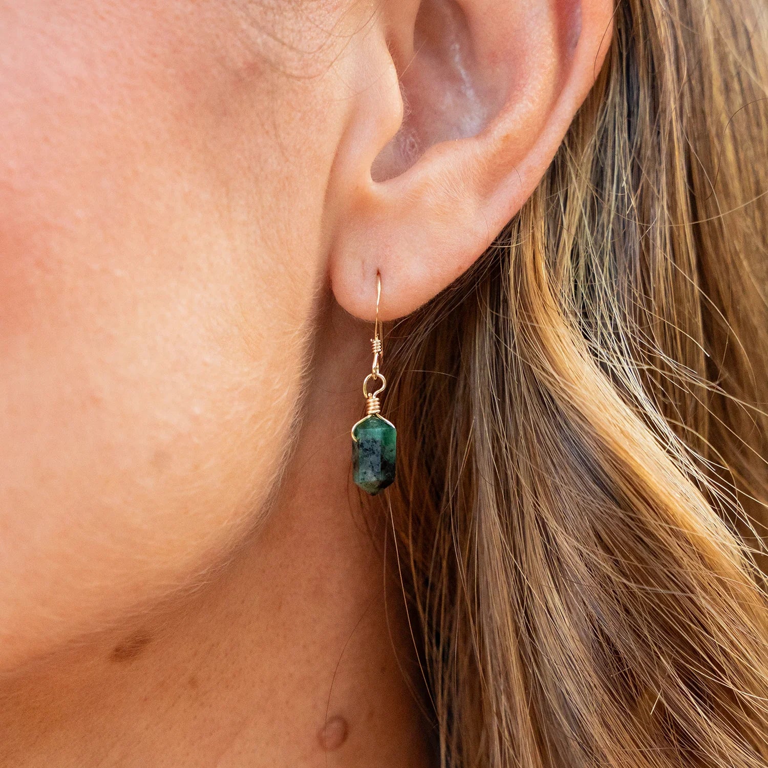 Emerald Mini Double Terminated Crystal Point Dangle Drop Earrings