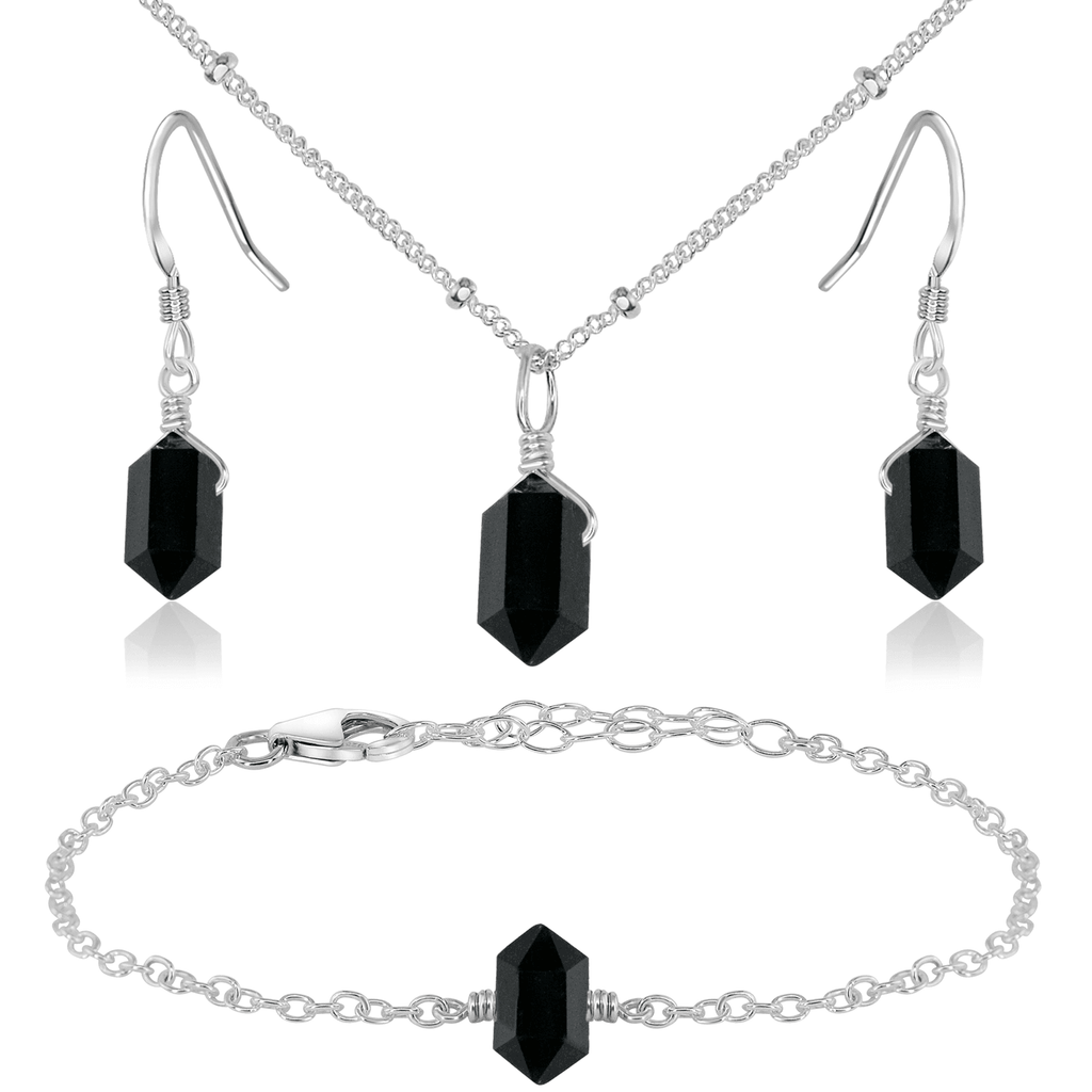 Black Tourmaline Double Terminated Crystal Jewellery Set - Black Tourmaline Double Terminated Crystal Jewellery Set - Sterling Silver / Necklace & Earrings & Bracelet / Satellite - Luna Tide Handmade Crystal Jewellery