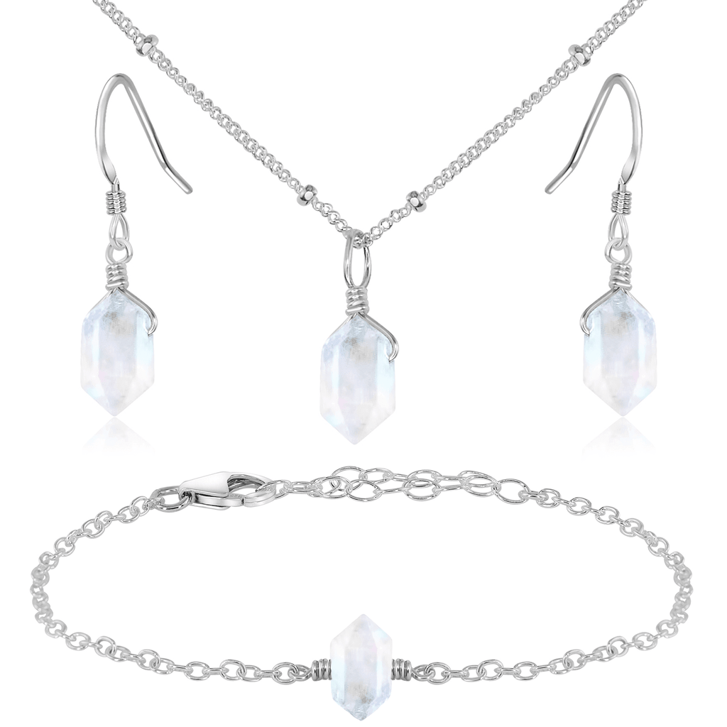 Rainbow Moonstone Double Terminated Crystal Jewellery Set - Rainbow Moonstone Double Terminated Crystal Jewellery Set - Sterling Silver / Necklace & Earrings & Bracelet / Satellite - Luna Tide Handmade Crystal Jewellery