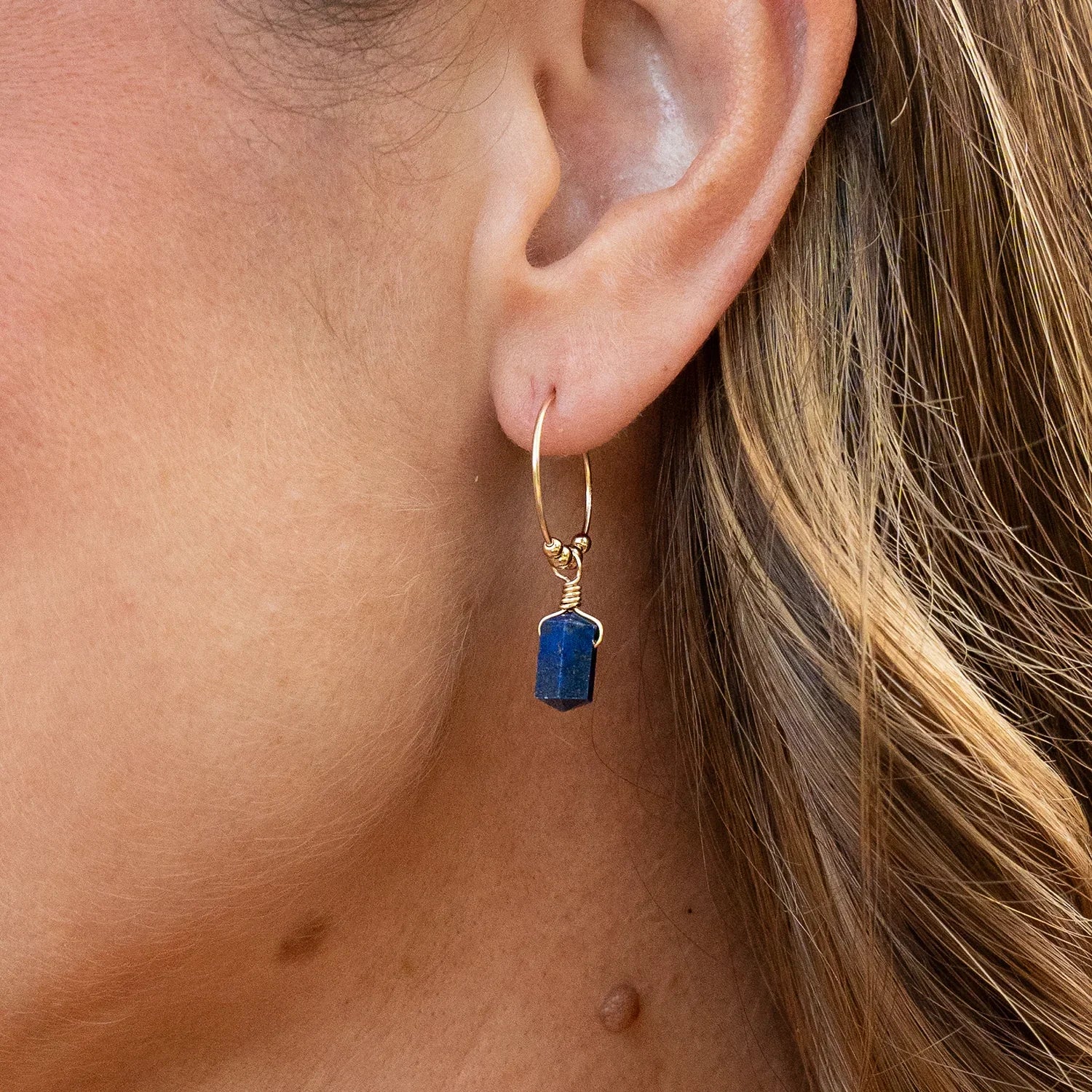 Double Terminated Lapis Lazuli Mini Crystal Point Dangle Hoop Earrings