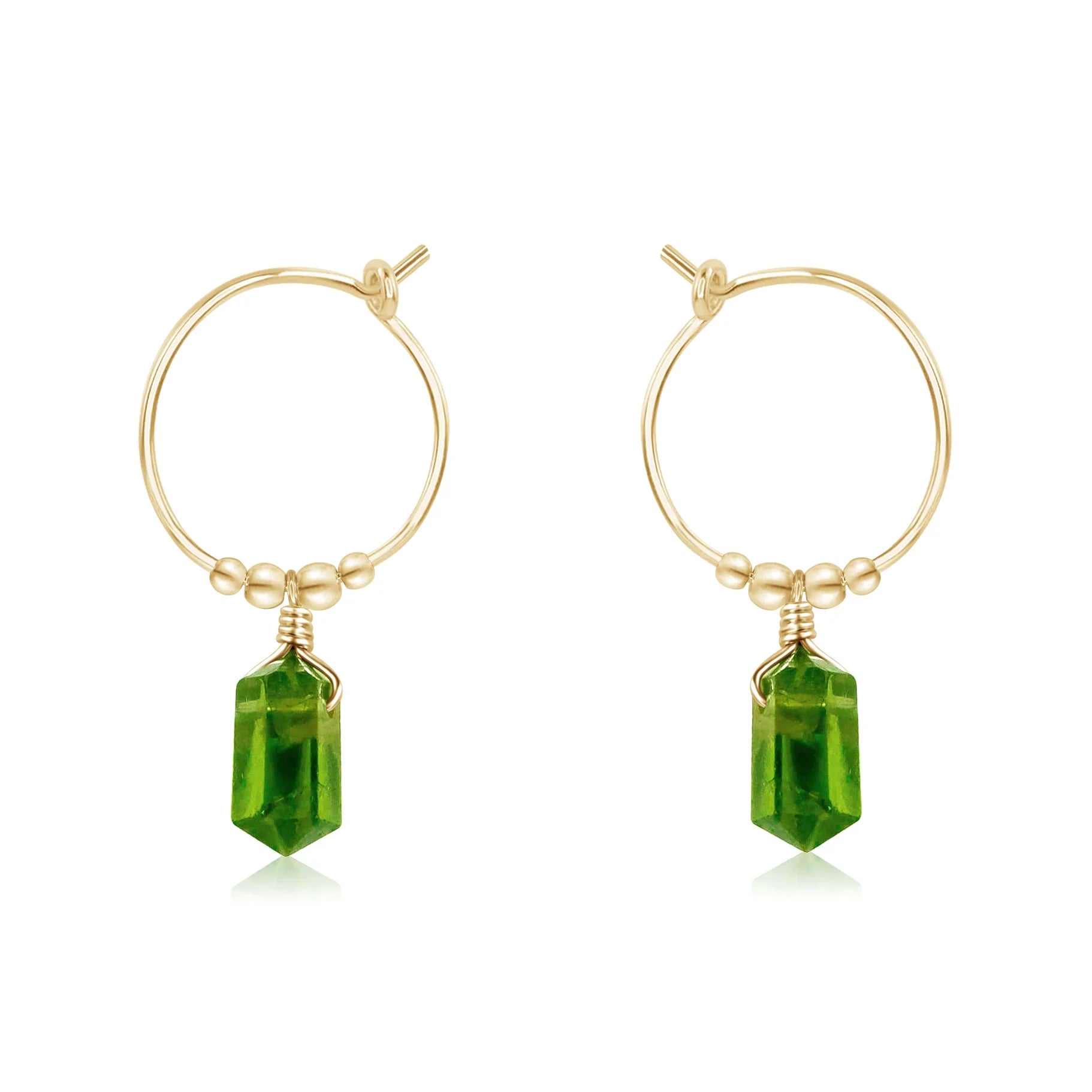 Double Terminated Peridot Mini Crystal Point Dangle Hoop Earrings