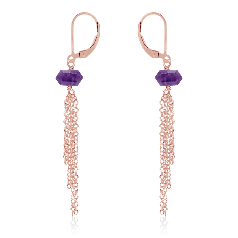 Amethyst Double Terminated Crystal Point Tassel Earrings - Amethyst Double Terminated Crystal Point Tassel Earrings - 14k Rose Gold Fill - Luna Tide Handmade Crystal Jewellery