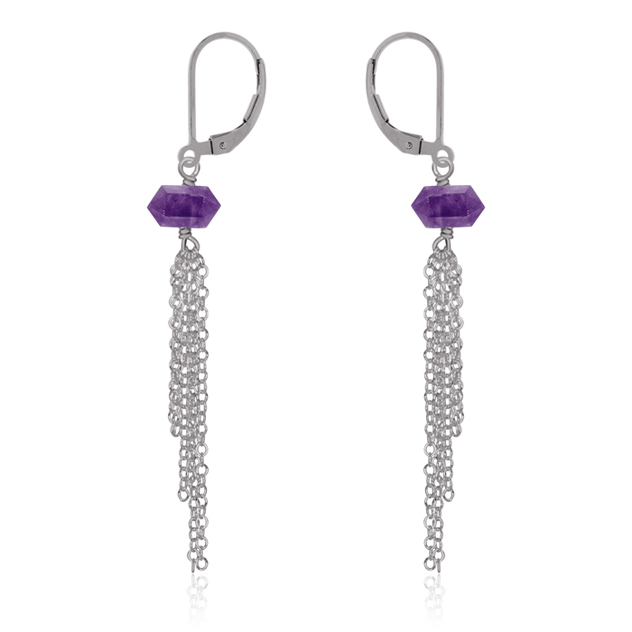 Amethyst Double Terminated Crystal Point Tassel Earrings - Amethyst Double Terminated Crystal Point Tassel Earrings - Stainless Steel - Luna Tide Handmade Crystal Jewellery