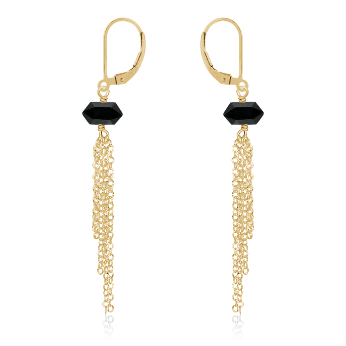 Black Tourmaline Double Terminated Crystal Point Tassel Earrings - Black Tourmaline Double Terminated Crystal Point Tassel Earrings - 14k Gold Fill - Luna Tide Handmade Crystal Jewellery