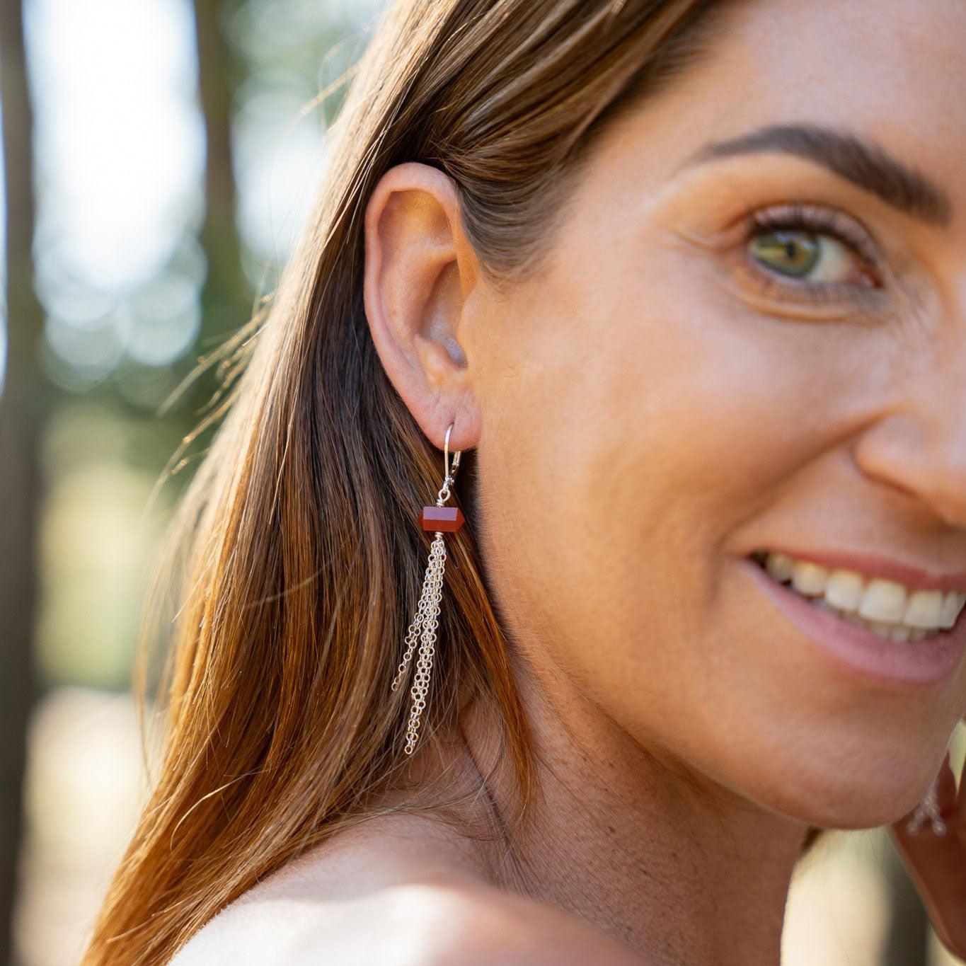 Carnelian Double Terminated Crystal Point Tassel Earrings - Carnelian Double Terminated Crystal Point Tassel Earrings - Sterling Silver - Luna Tide Handmade Crystal Jewellery