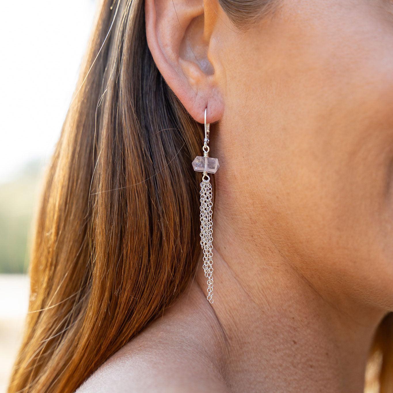 Custom Double Terminated Crystal Point Tassel Earrings - Custom Double Terminated Crystal Point Tassel Earrings - Sterling Silver / Rose Quartz for January - Luna Tide Handmade Crystal Jewellery