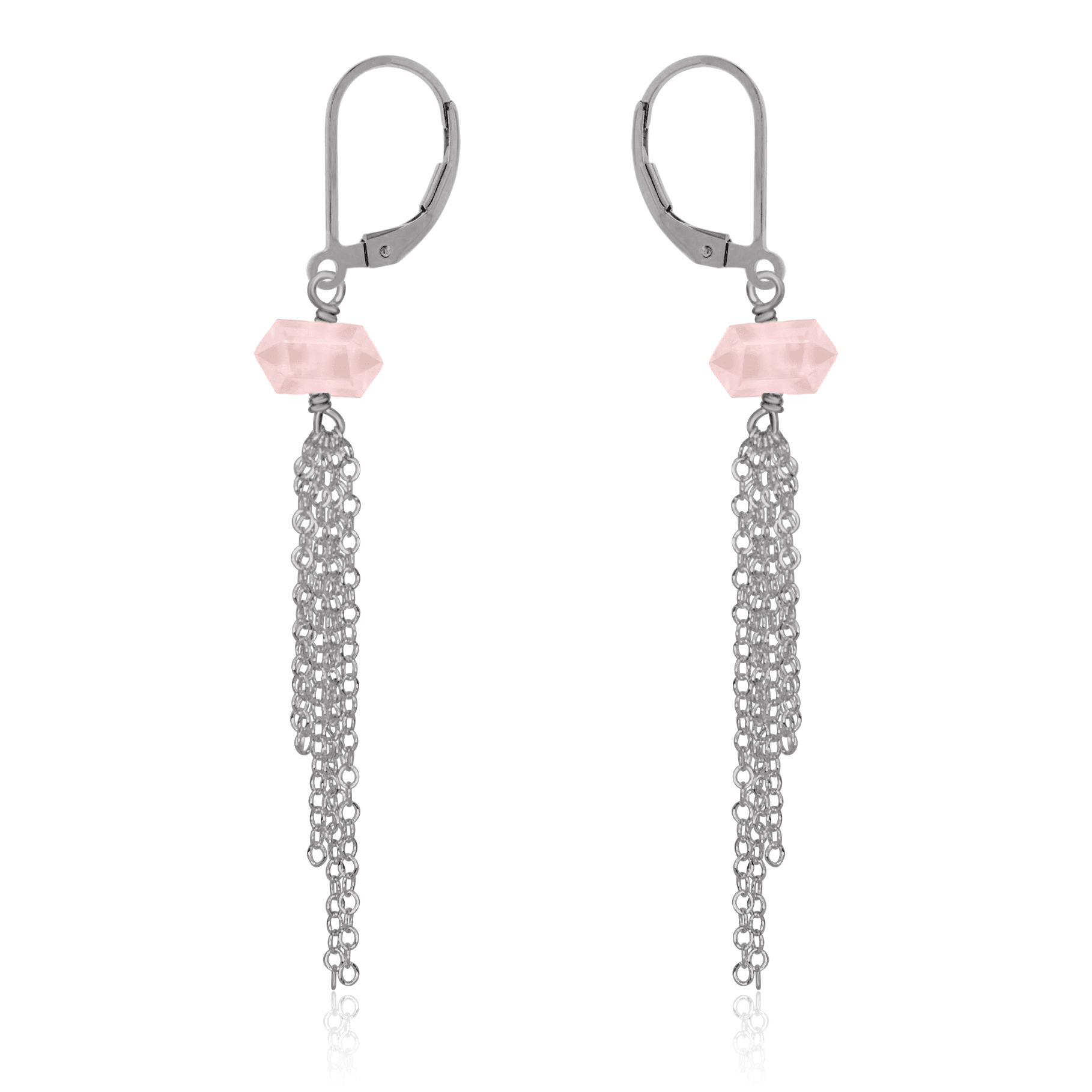Rose Quartz Double Terminated Crystal Point Tassel Earrings - Rose Quartz Double Terminated Crystal Point Tassel Earrings - Stainless Steel - Luna Tide Handmade Crystal Jewellery