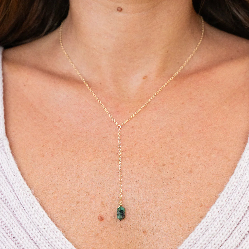 Emerald Double Terminated Mini Crystal Point Lariat Necklace
