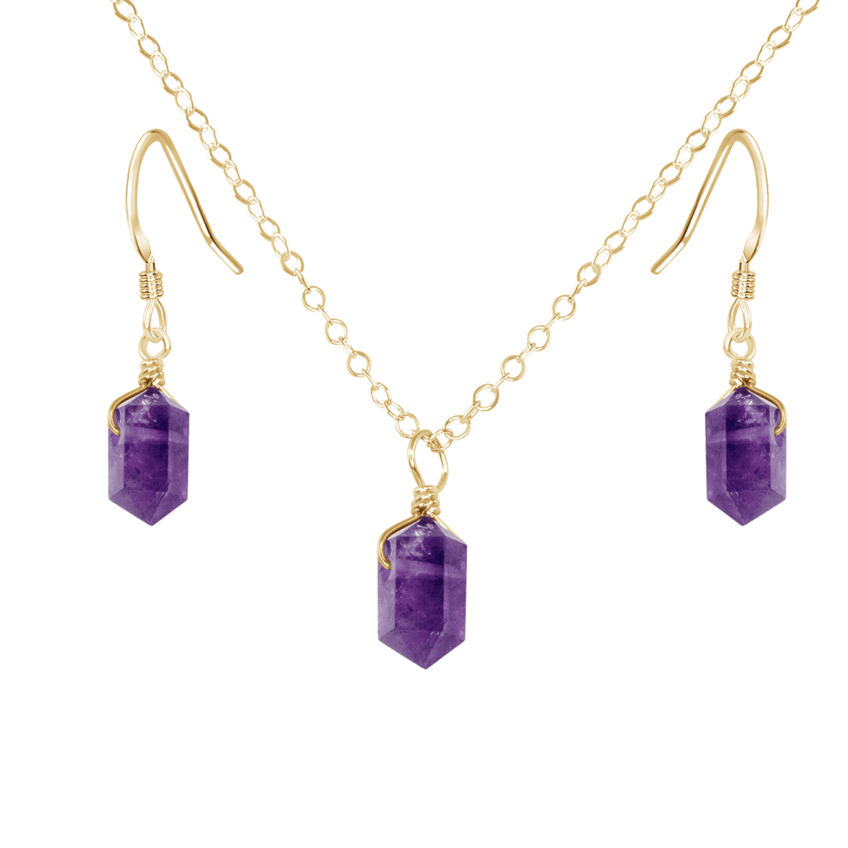 Amethyst Mini Double Terminated Crystal Point Earrings & Necklace Set