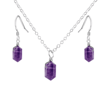 Amethyst Mini Double Terminated Crystal Point Earrings & Necklace Set