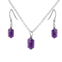 Amethyst Mini Double Terminated Crystal Point Earrings & Necklace Set