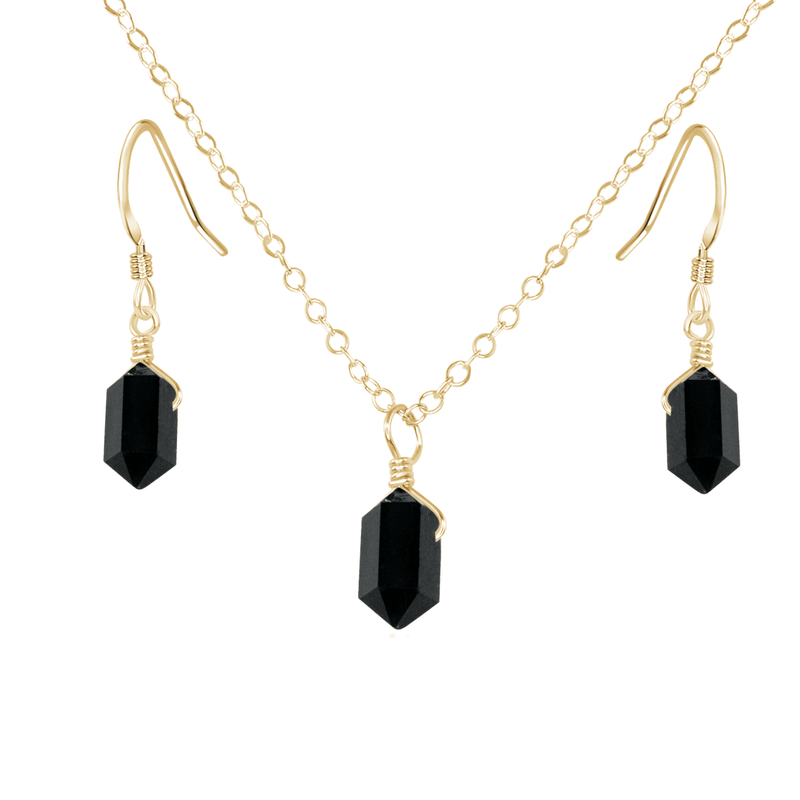 Black Tourmaline Mini Double Terminated Crystal Point Earrings & Necklace Set