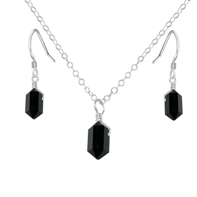 Black Tourmaline Mini Double Terminated Crystal Point Earrings & Necklace Set