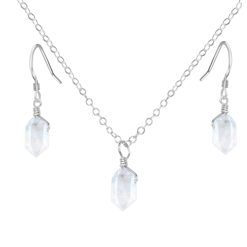 Rainbow Moonstone Mini Double Terminated Crystal Point Earrings & Necklace Set