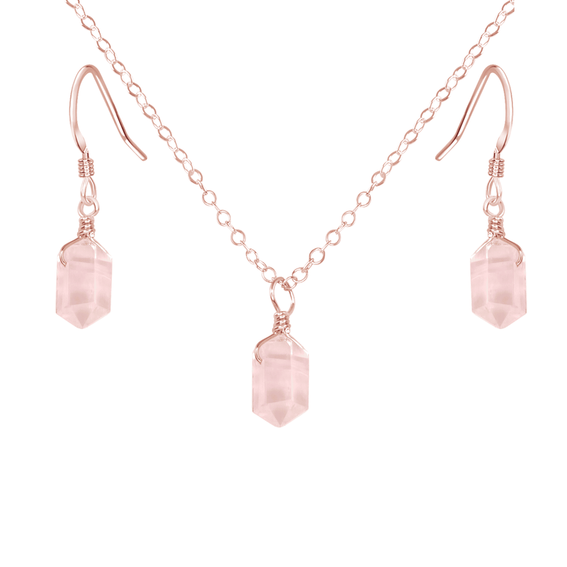Rose Quartz Mini Double Terminated Crystal Point Earrings & Necklace Set