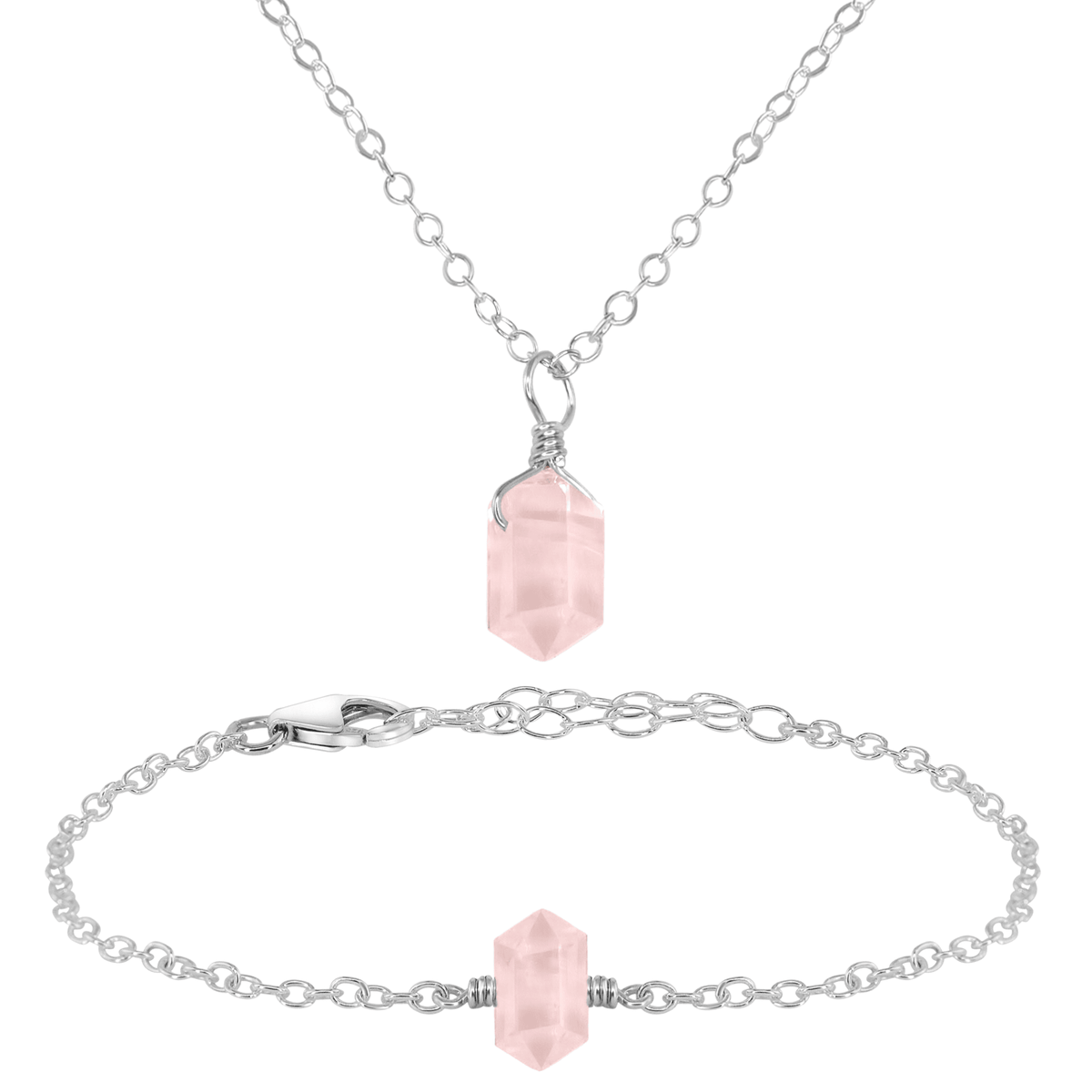 Rose Quartz Double Terminated Crystal Necklace & Bracelet Set