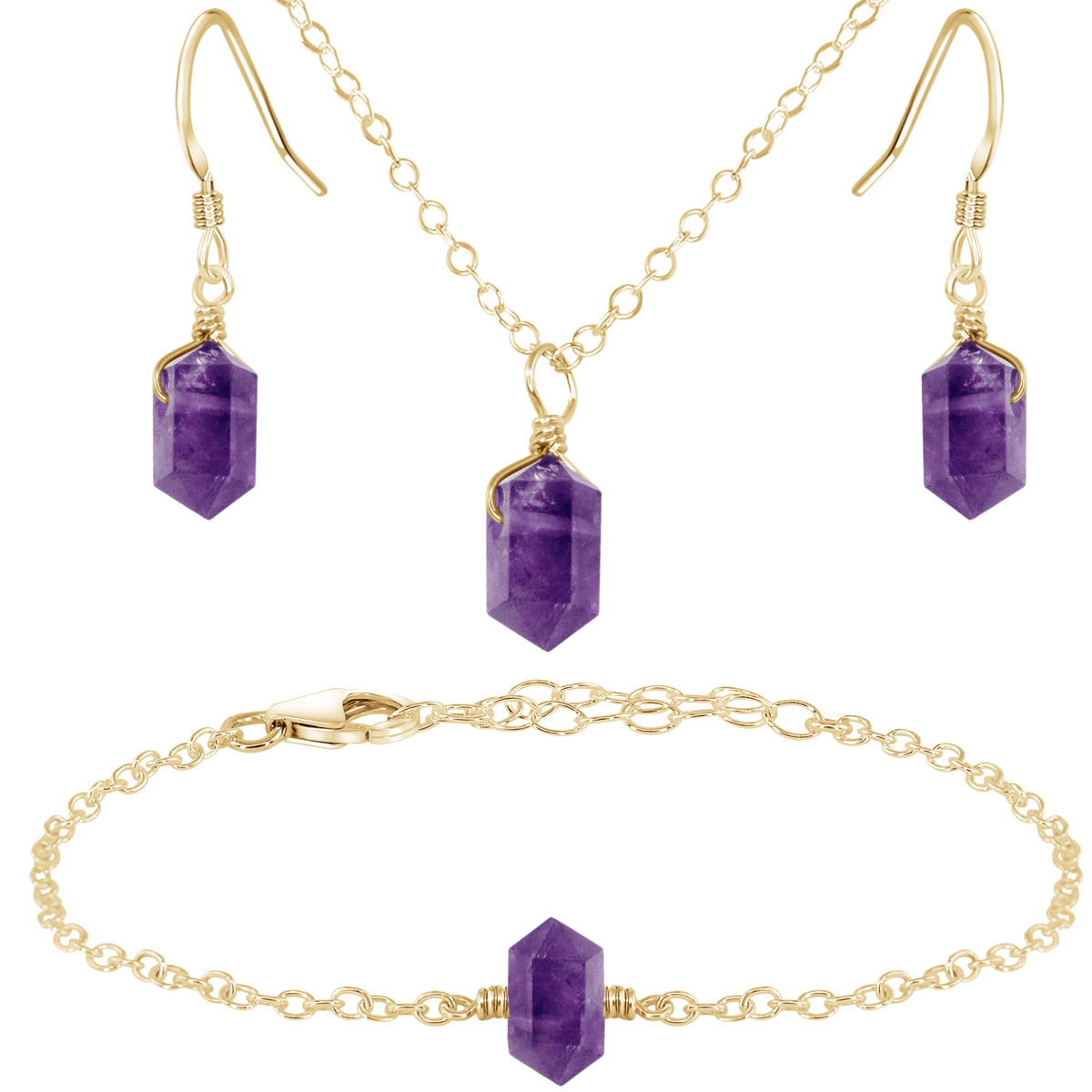 Amethyst Double Terminated Crystal Earrings, Necklace & Bracelet Set
