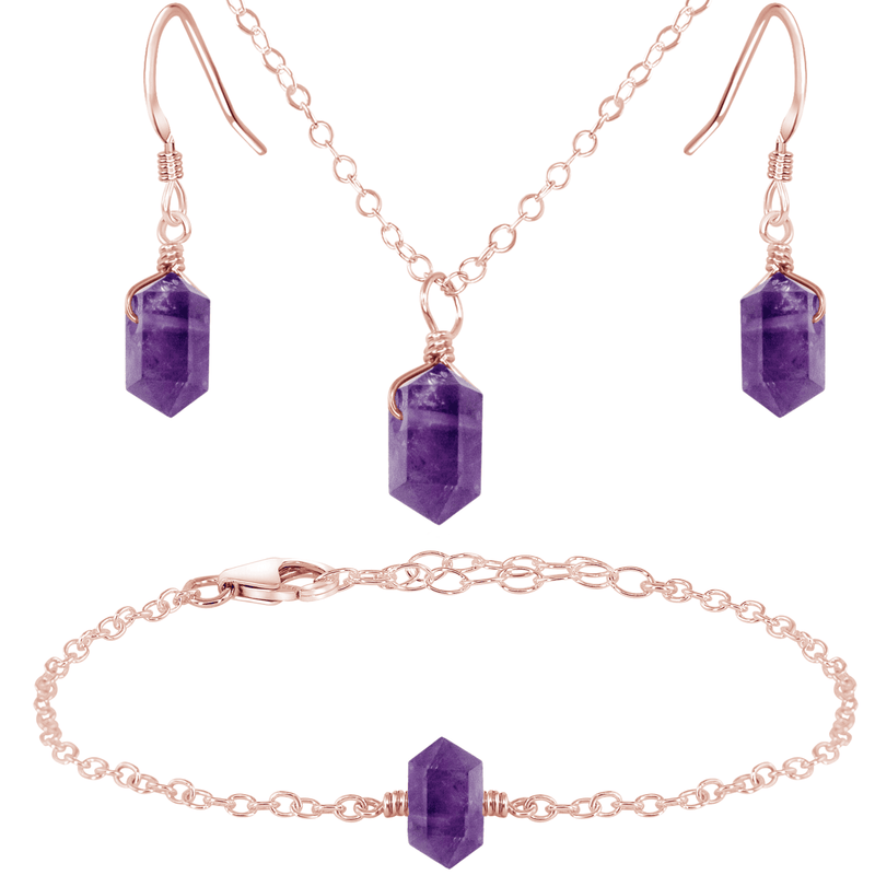 Amethyst Double Terminated Crystal Earrings, Necklace & Bracelet Set