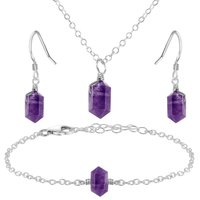 Amethyst Double Terminated Crystal Earrings, Necklace & Bracelet Set