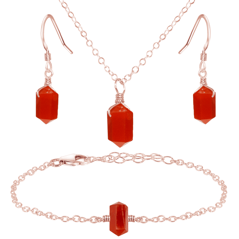 Carnelian Double Terminated Crystal Earrings, Necklace & Bracelet Set