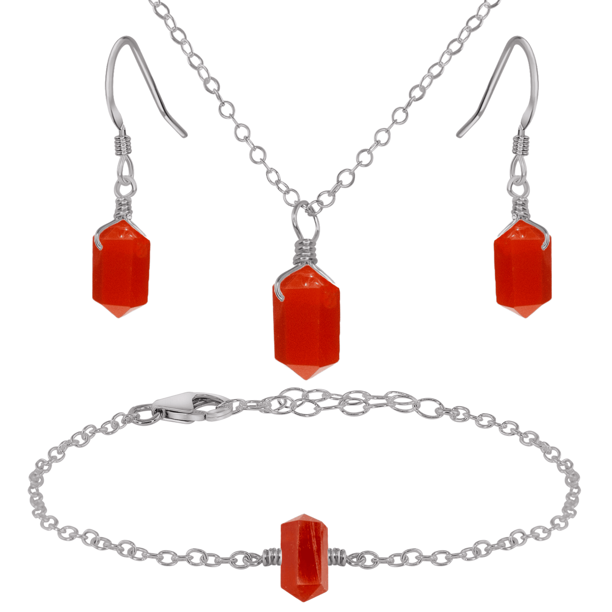 Carnelian Double Terminated Crystal Earrings, Necklace & Bracelet Set