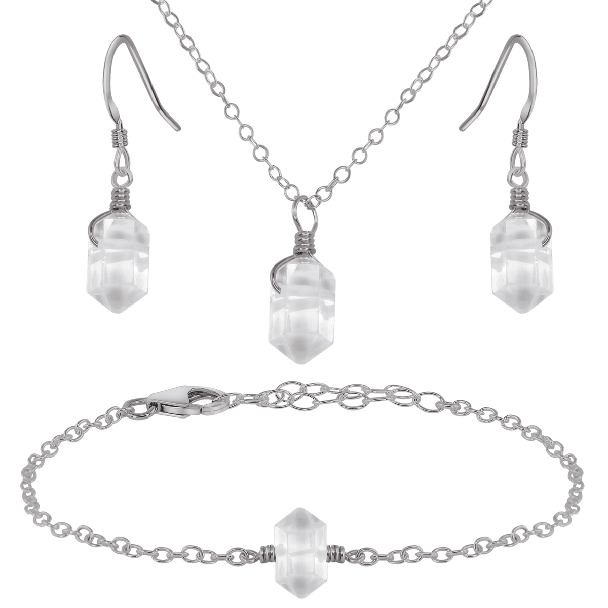 Crystal Quartz Double Terminated Earrings, Necklace & Bracelet Set