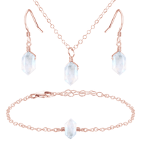 Rainbow Moonstone Double Terminated Crystal Earrings, Necklace & Bracelet Set