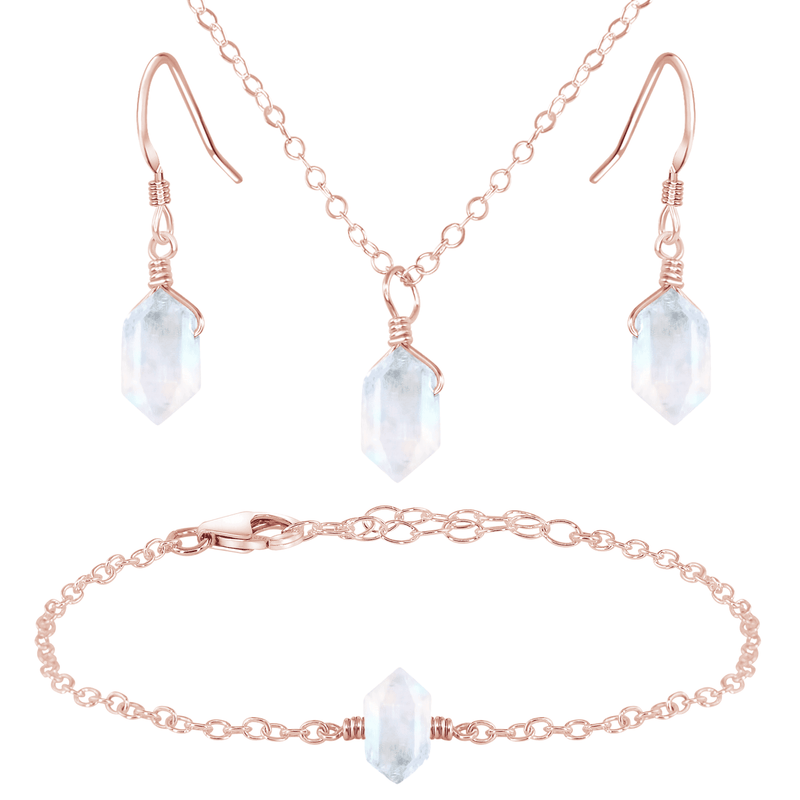 Rainbow Moonstone Double Terminated Crystal Earrings, Necklace & Bracelet Set