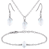 Rainbow Moonstone Double Terminated Crystal Earrings, Necklace & Bracelet Set