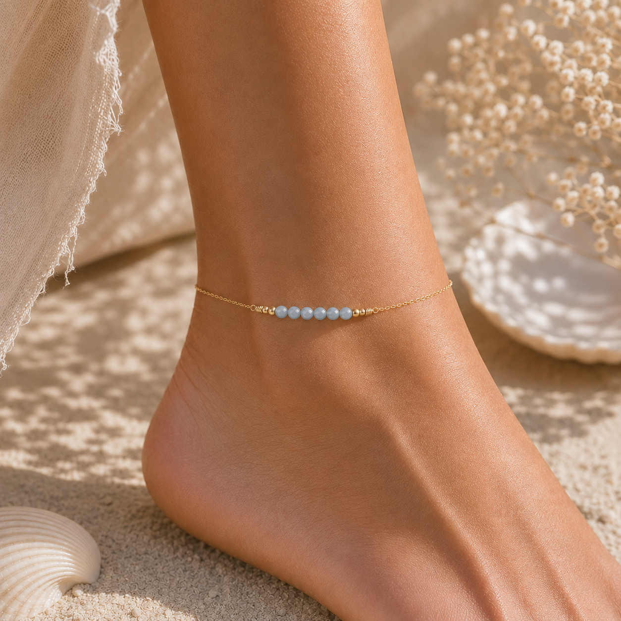Sparkling Angelite Gemstone Faceted Bead Bar Anklet