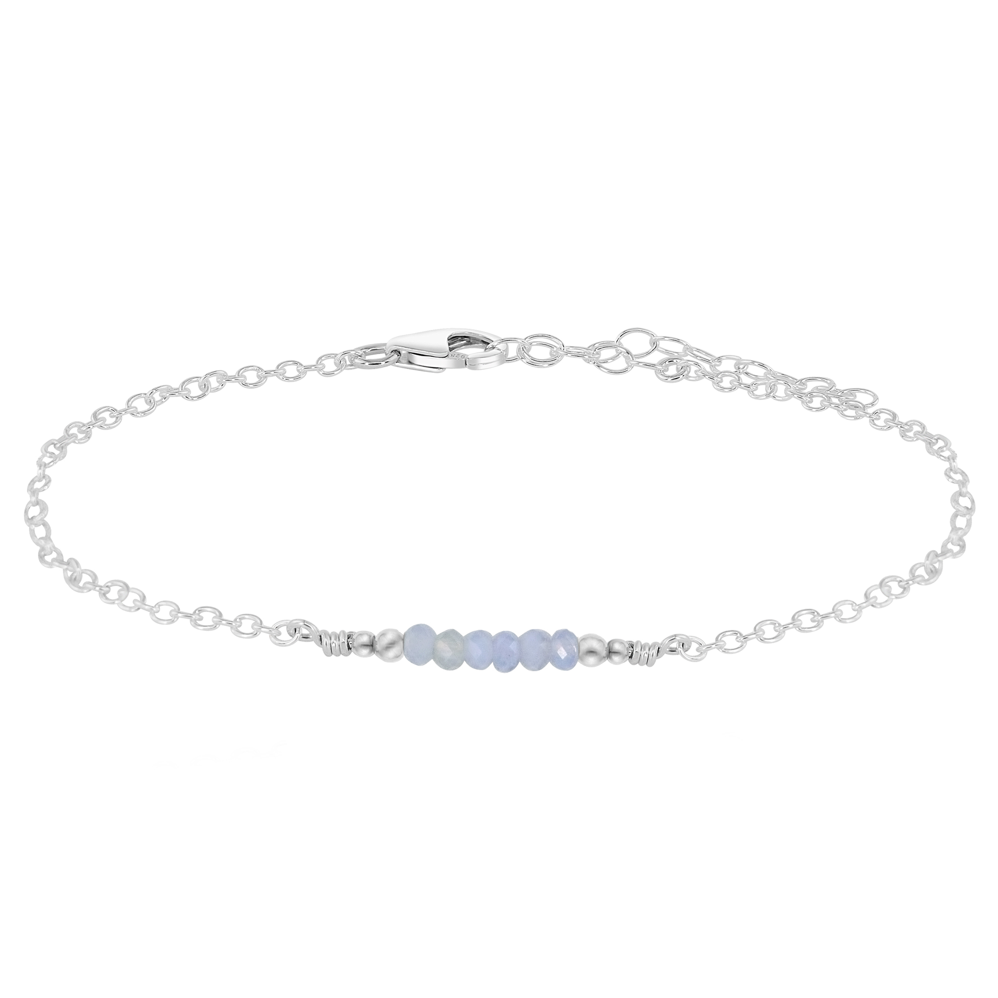 Sparkling Blue Lace Agate Gemstone Faceted Bead Bar Anklet - Sparkling Blue Lace Agate Gemstone Faceted Bead Bar Anklet - Sterling Silver - Luna Tide Handmade Crystal Jewellery