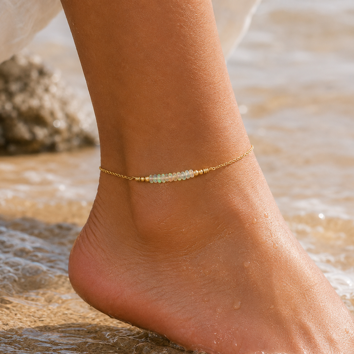 Sparkling Ethiopian Opal Gemstone Faceted Bead Bar Anklet - Sparkling Ethiopian Opal Gemstone Faceted Bead Bar Anklet - 14k Gold Fill - Luna Tide Handmade Crystal Jewellery