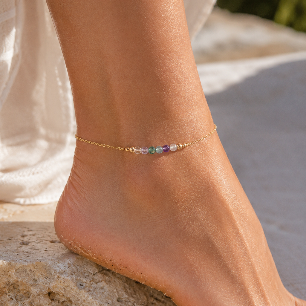 Sparkling Fluorite Gemstone Faceted Bead Bar Anklet - Sparkling Fluorite Gemstone Faceted Bead Bar Anklet - 14k Gold Fill - Luna Tide Handmade Crystal Jewellery