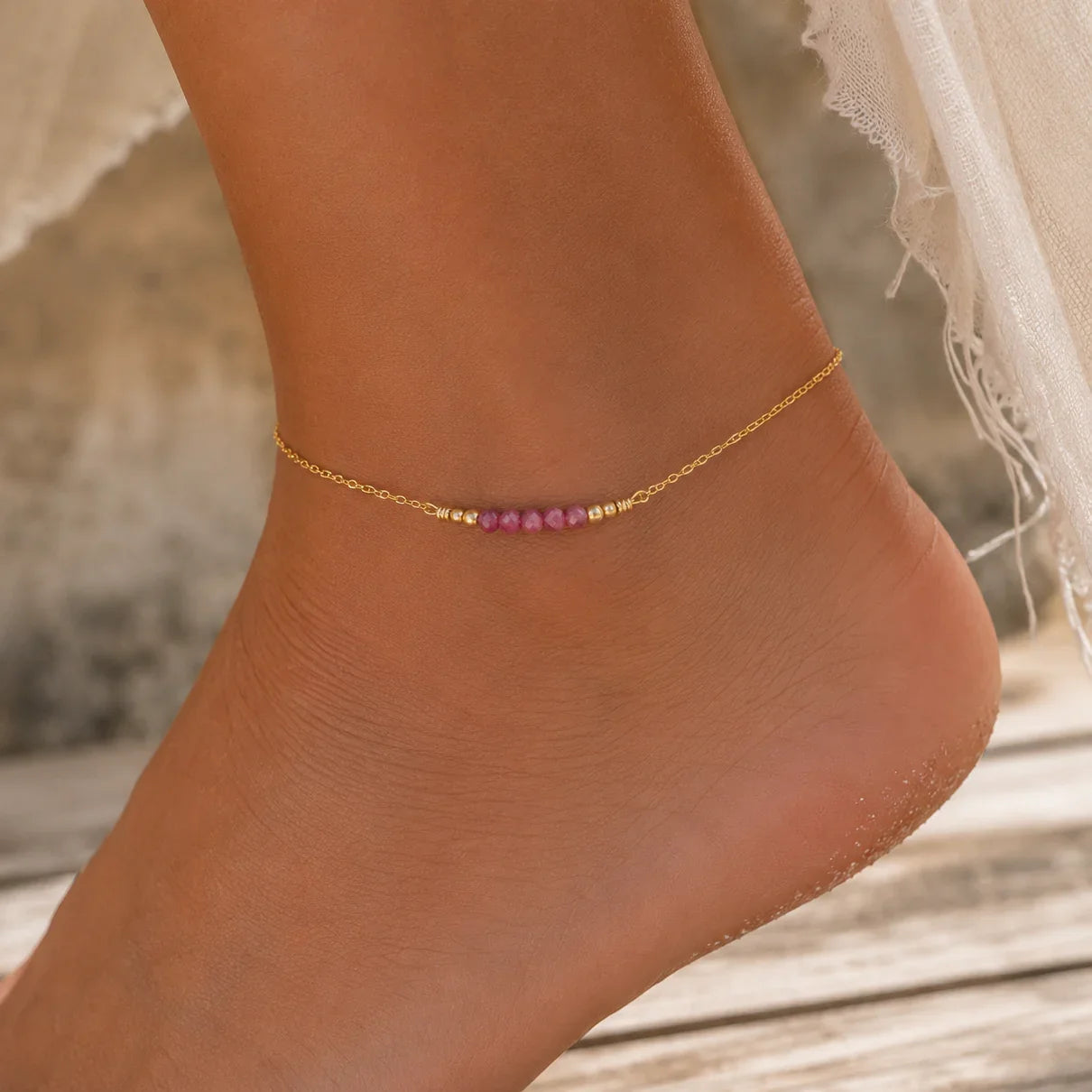 Sparkling Pink Tourmaline Gemstone Faceted Bead Bar Anklet - Sparkling Pink Tourmaline Gemstone Faceted Bead Bar Anklet - 14k Gold Fill - Luna Tide Handmade Crystal Jewellery