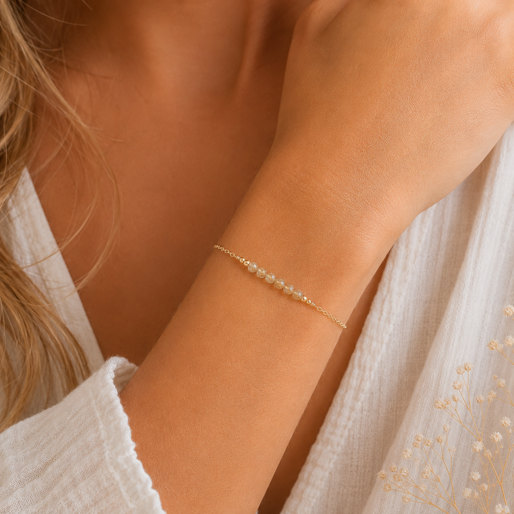 Sparkling Golden Rutilated Quartz Gemstone Faceted Bead Bar Bracelet