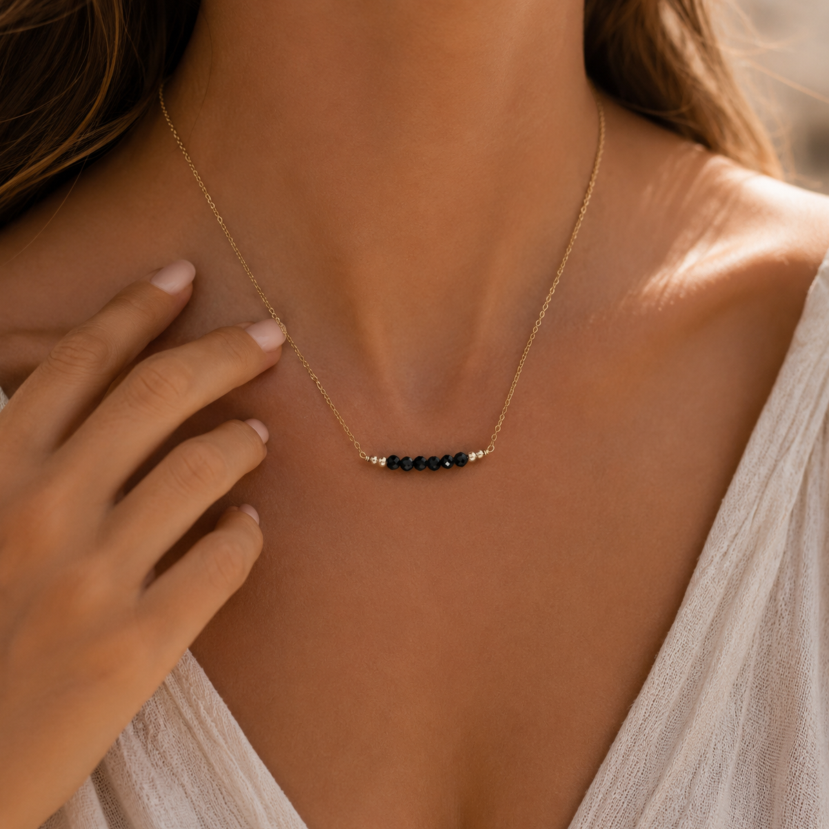 Sparkling Black Tourmaline Faceted Bead Bar Necklace - Sparkling Black Tourmaline Faceted Bead Bar Necklace - 14k Gold Fill - Luna Tide Handmade Crystal Jewellery