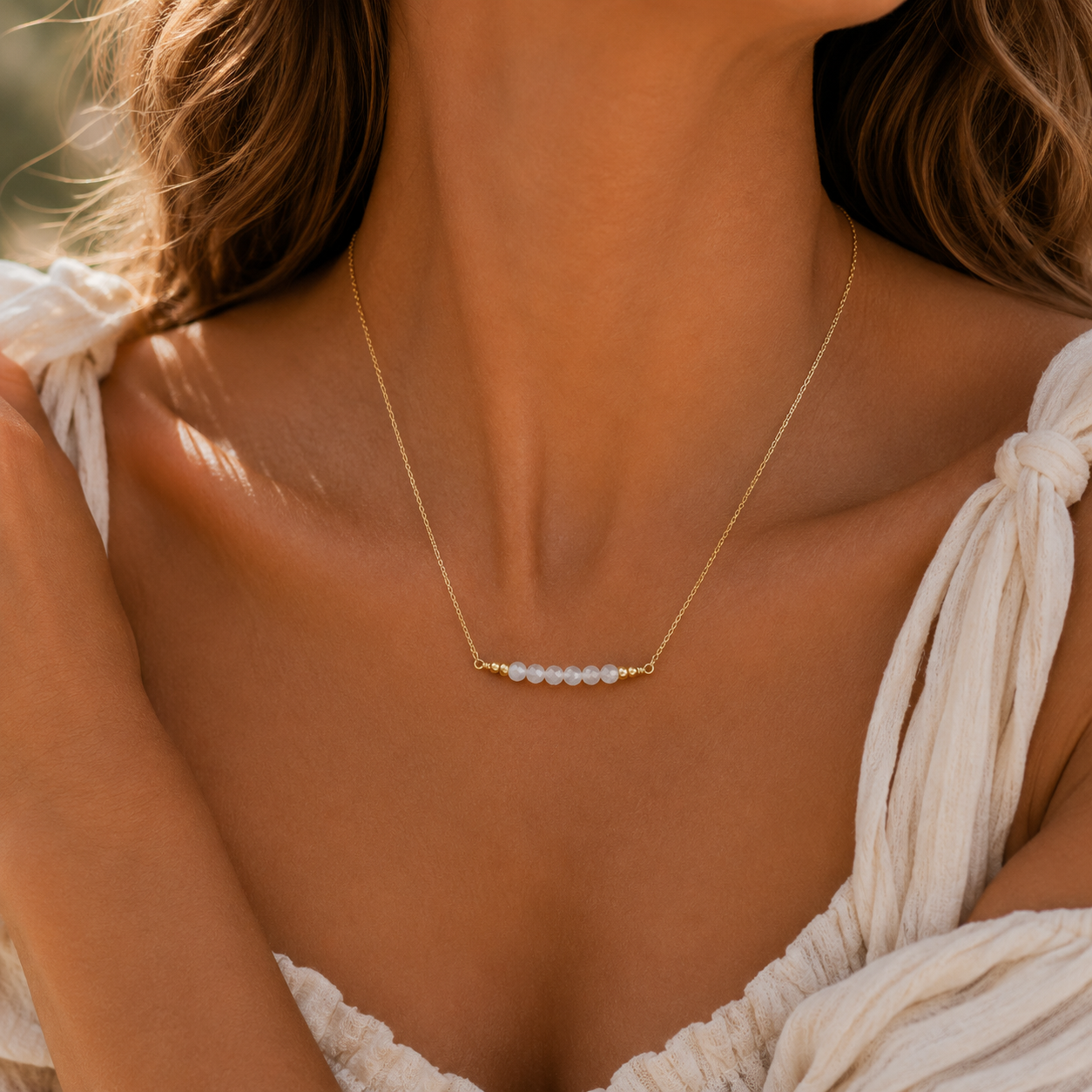 Sparkling White Moonstone Faceted Bead Bar Necklace