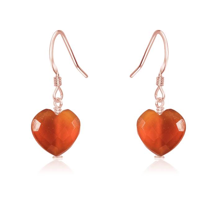 Carnelian Crystal Heart Dangle Earrings - Carnelian Crystal Heart Dangle Earrings - 14k Rose Gold Fill - Luna Tide Handmade Crystal Jewellery