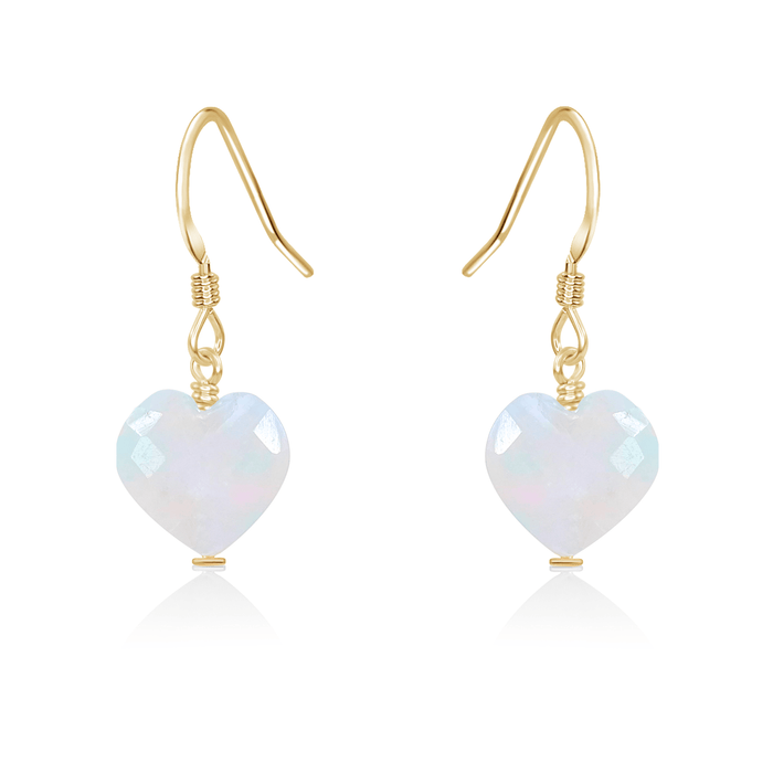 Rainbow Moonstone Crystal Heart Dangle Earrings - Rainbow Moonstone Crystal Heart Dangle Earrings - 14k Gold Fill - Luna Tide Handmade Crystal Jewellery