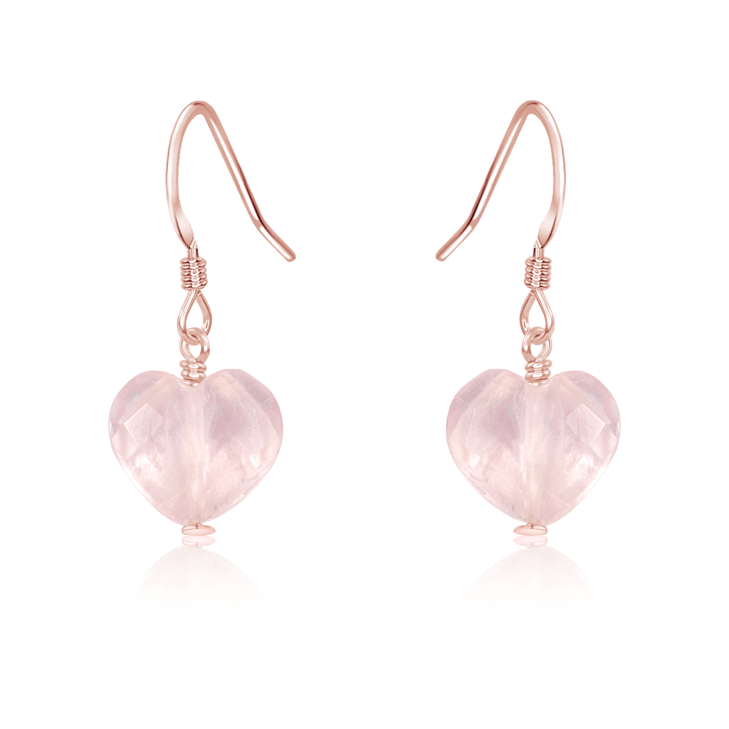 Rose Quartz Crystal Heart Dangle Earrings - Rose Quartz Crystal Heart Dangle Earrings - 14k Rose Gold Fill - Luna Tide Handmade Crystal Jewellery