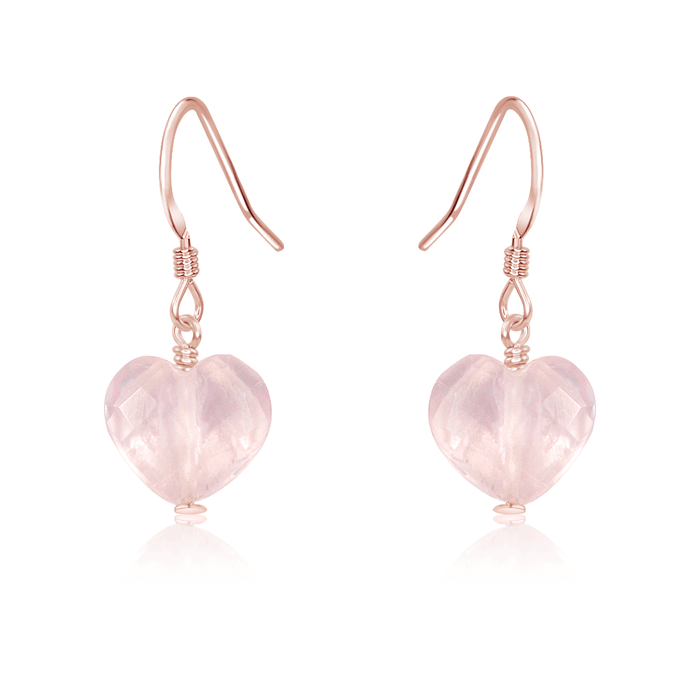 Rose Quartz Crystal Heart Dangle Earrings - Rose Quartz Crystal Heart Dangle Earrings - 14k Rose Gold Fill - Luna Tide Handmade Crystal Jewellery