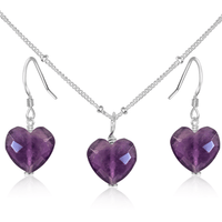 Amethyst Crystal Heart Jewellery Set - Amethyst Crystal Heart Jewellery Set - Sterling Silver / Satellite / Necklace & Earrings - Luna Tide Handmade Crystal Jewellery