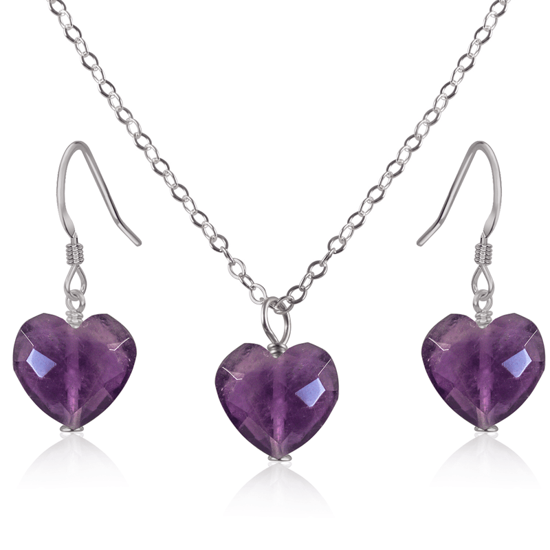 Amethyst Crystal Heart Jewellery Set - Amethyst Crystal Heart Jewellery Set - Stainless Steel / Cable / Necklace & Earrings - Luna Tide Handmade Crystal Jewellery