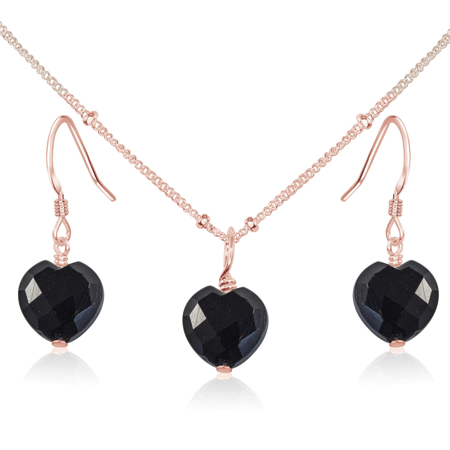 Black Onyx Crystal Heart Jewellery Set - Black Onyx Crystal Heart Jewellery Set - 14k Rose Gold Fill / Satellite / Necklace & Earrings - Luna Tide Handmade Crystal Jewellery