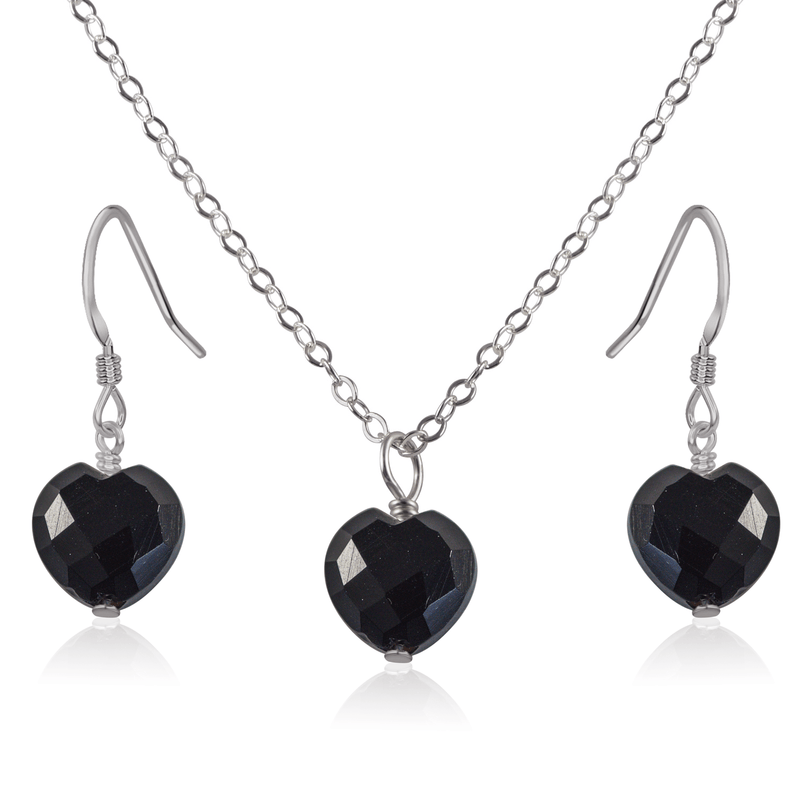 Black Onyx Crystal Heart Jewellery Set - Black Onyx Crystal Heart Jewellery Set - Stainless Steel / Cable / Necklace & Earrings - Luna Tide Handmade Crystal Jewellery