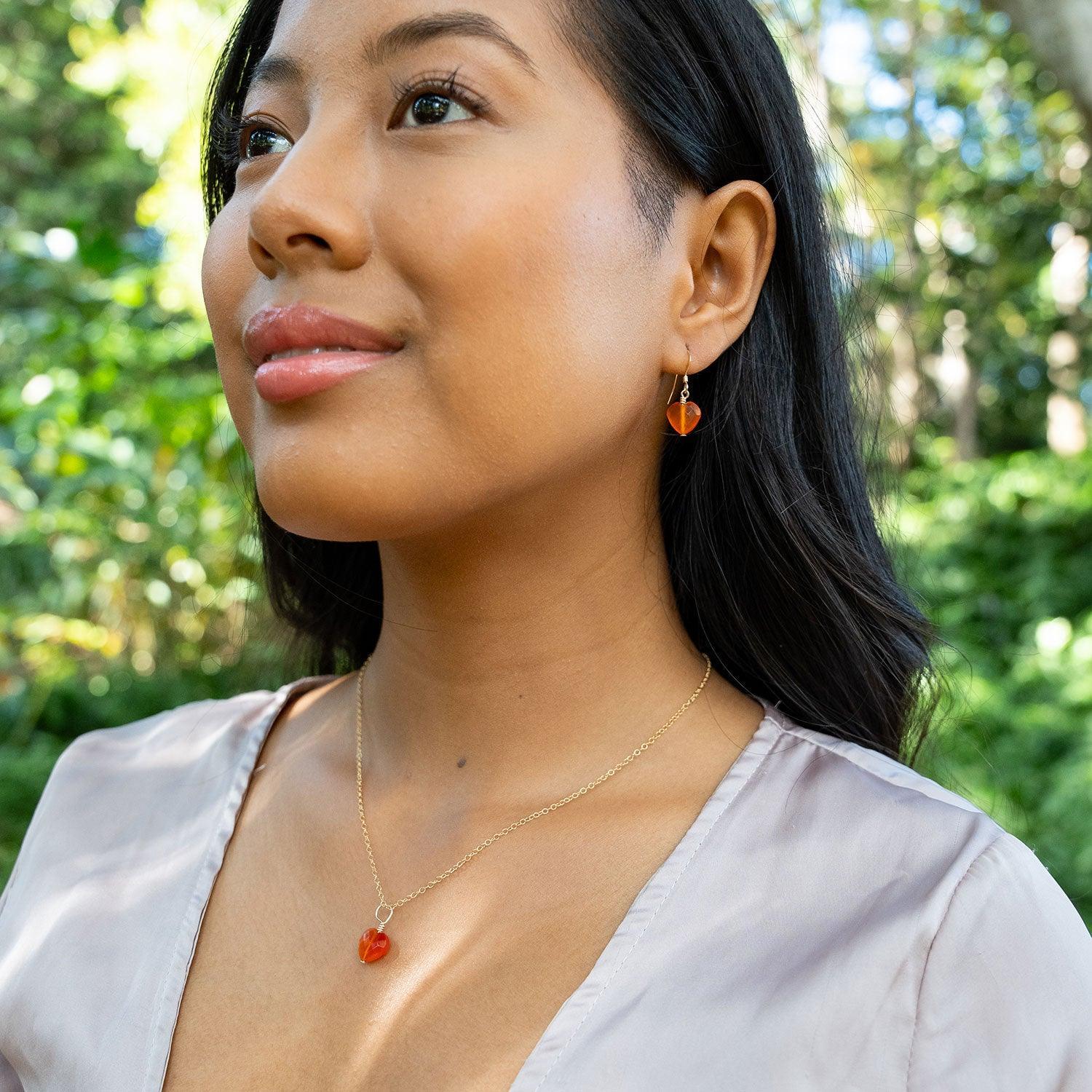 Carnelian Crystal Heart Jewellery Set - Carnelian Crystal Heart Jewellery Set - 14k Gold Fill / Cable / Necklace & Earrings & Bracelet - Luna Tide Handmade Crystal Jewellery