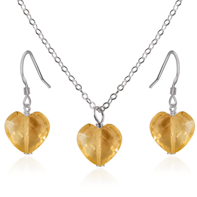 Citrine Crystal Heart Jewellery Set - Citrine Crystal Heart Jewellery Set - Stainless Steel / Cable / Necklace & Earrings - Luna Tide Handmade Crystal Jewellery